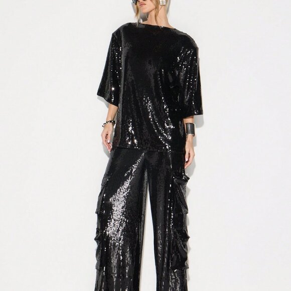 Black Sequin Party Women's Oversized short sleeved  T-Shirt Top Holiday Style - Picture 3 of 6